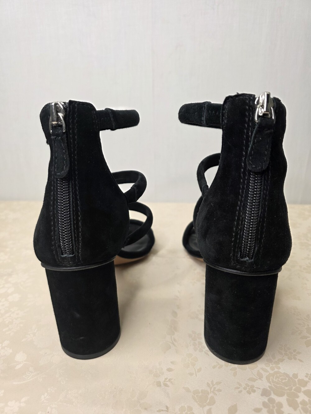 Rebecca Minkoff Black Suede Multi Strap Block Heel Sandals Zipper Back Size 10M - Picture 4 of 8